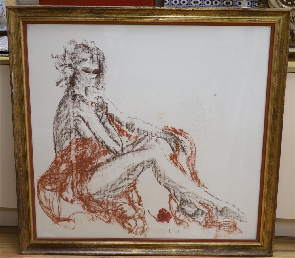 Tom Merrifield (1933-), coloured chalk, Study of a seated woman, signed, 92 x 95cm